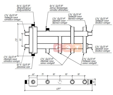 Балансировочный коллектор из нерж. стали BMSS- 40-4 DU  (2 контура вниз, 1 вверх и 1 в сторону)